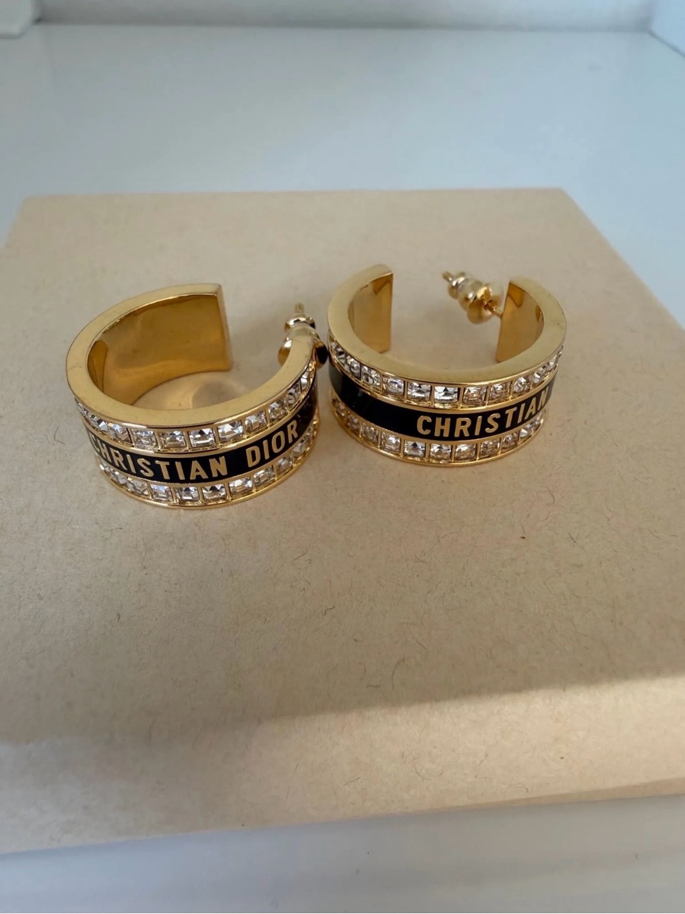 Dior Gold Hoop Earrings with Black Enamel and Crystal Trim